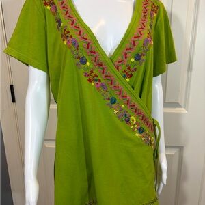 Johnny Was Embroidered Green Wrap Top size XL